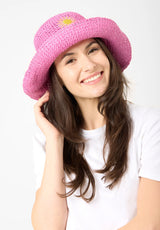 Straw Hat with Sun Embroidery - Pink