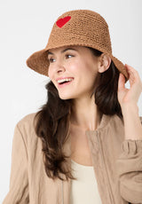 Straw Hat with Heart Embroidery - Beige