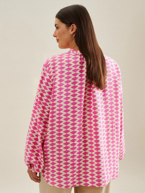Bluse mit Stehkragen aus Leinen - Off-White/Pink