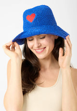 Straw Hat with Heart Embroidery - Blue