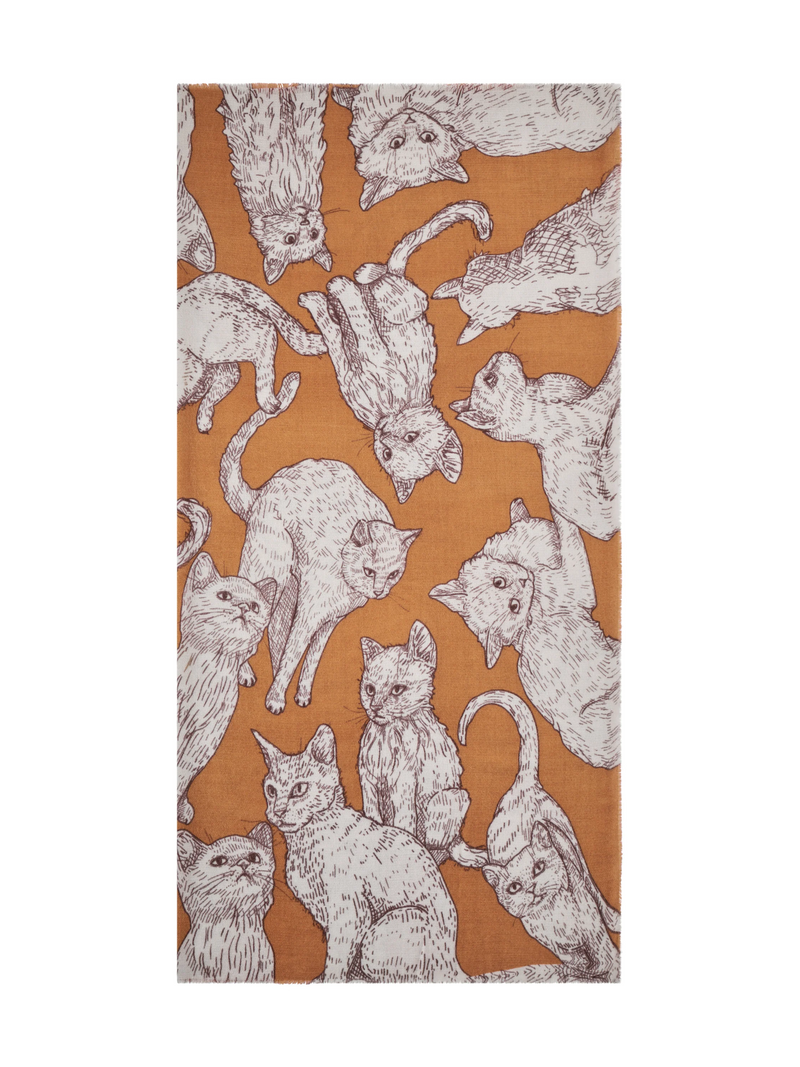 Schal mit Katzen-Print - Kupfer/Off-White
