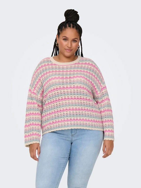 Cotton blend pullover in crochet look - Pink/Blue/Off-White