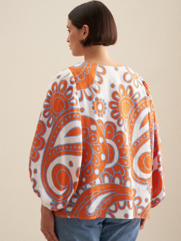 Gemustertes Blusentop aus Leinen-Baumwoll-Mix - Paisley Off-White/Orange