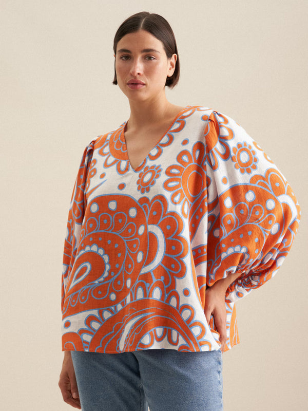 Gemustertes Blusentop aus Leinen-Baumwoll-Mix - Paisley Off-White/Orange